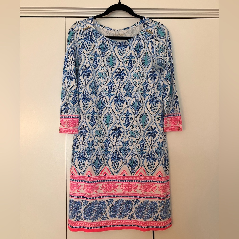 Lilly Pulitzer Blue and Pink Printed Midi Shift Dress